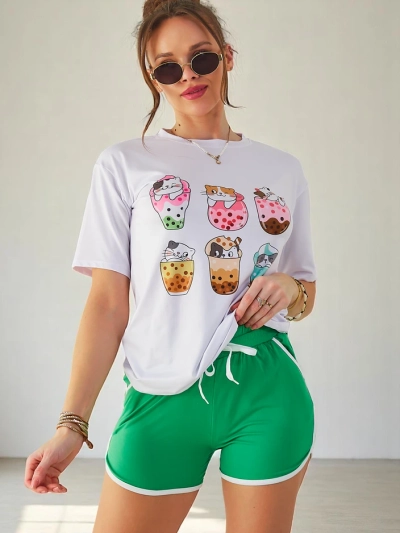 Royalfashion Damen-Sportset mit T-Shirt und Shorts Kitty Cat