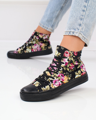 Жіночі високі чорні кеди Royalfashion з принтом у різнокольорові квіти Fahenna