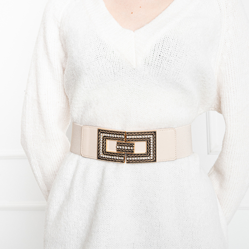 Бежевий еластичний ремінь із золотою пряжкою зі стразами