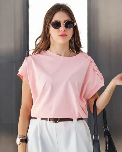 Royalfashion Damen Baumwoll-T-Shirt mit Spitzenärmeln