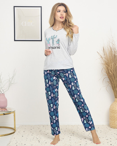 Grauer und blauer Damenpyjama mit Aufdruck - Kleidung