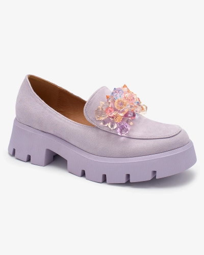 OUTLET Royalfashion Lila Damen Mokassins mit bunten Kristallen Crystal Glam