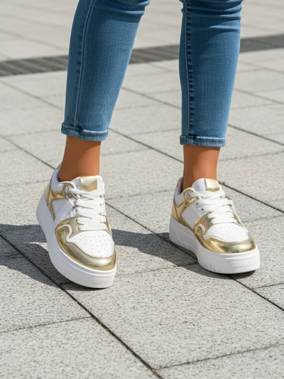 Damen-Sneakers 'Aurelia' Gold-Weiß mit 4cm Plateau - Stil und Komfort