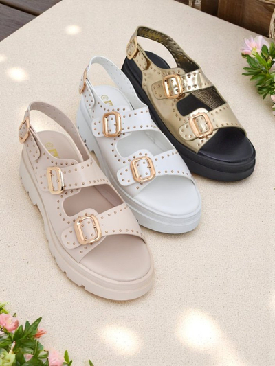 Royalfashion Damen Sandalen mit dicker Sohle und Strasssteinen Rocky Chic