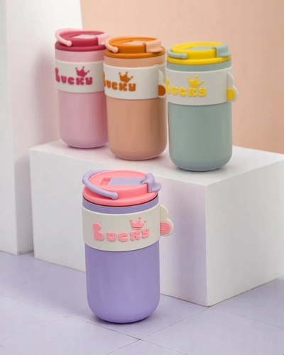 Royalfashion Thermobecher mit einem Korb, Strohhalm und Auslauf Happy Dog