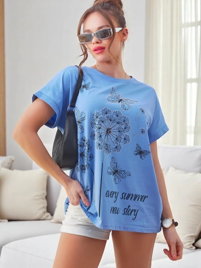 Royalfashion Damen Baumwoll-T-Shirt mit Löwenzahn und Schmetterling