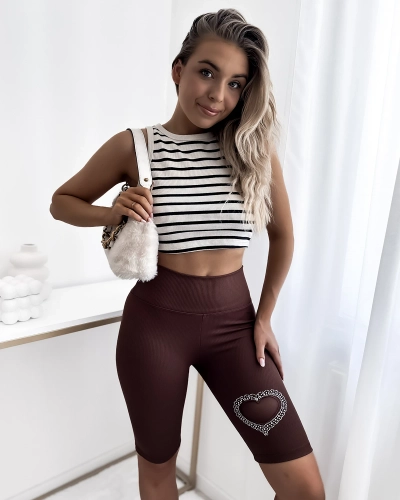 Royalfashion Dunkelbraune gerippte Damen-Radler-Leggings mit Herz