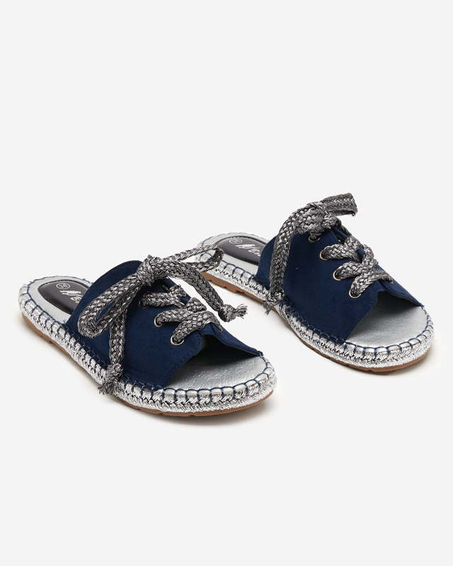 OUTLET Marineblaue und silberne Damenhausschuhe mit Bindung Wiazoni - Schuhe