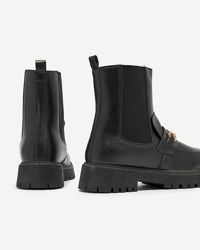 Schwarze isolierte Damenstiefel aus Kunstleder mit Fera-Dekoration - Schuhe