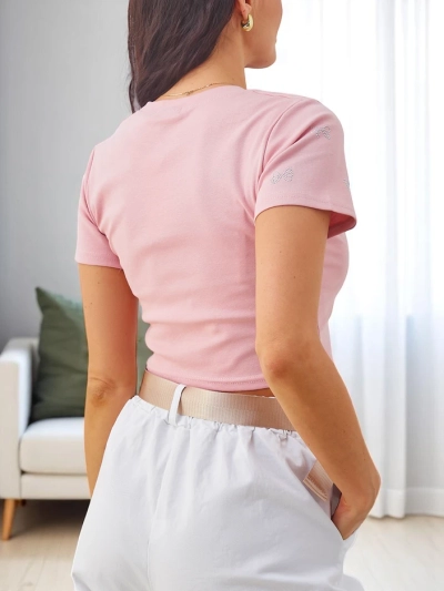 Royalfashion Damen Baumwolle Crop Top mit schleifenförmigen Strasssteinen