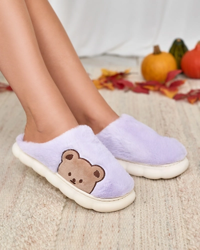 Royalfashion Damen-Pelzpantoffeln mit Teddybär in lila Fetemes