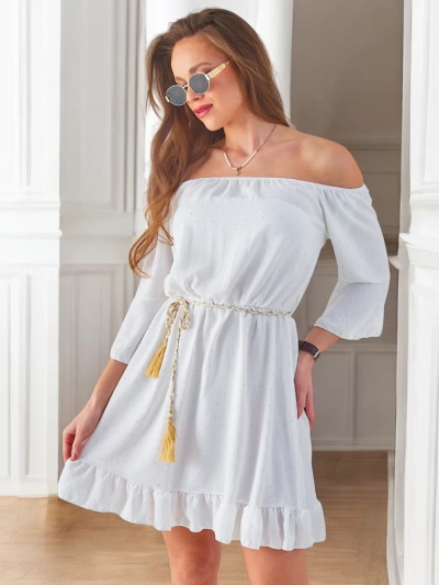Royalfashion Жіноча міні-сукня з відкритими плечима, з довгими рукавами та стразами