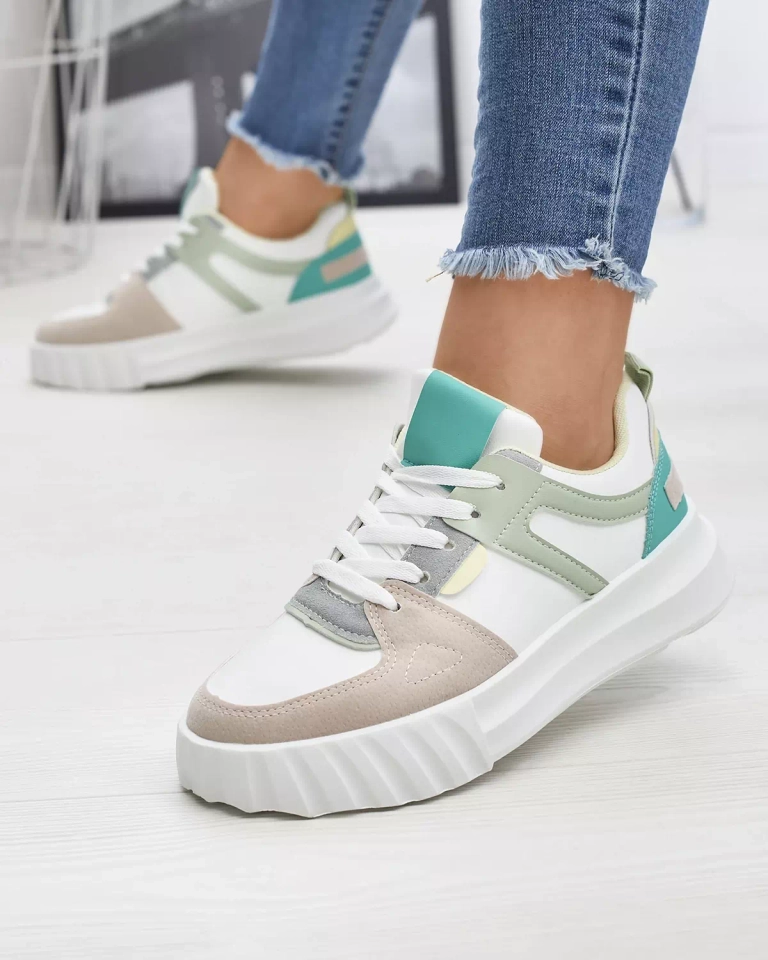 Weiße Damen Freizeit-Sportschuhe aus Öko-Leder mit grünen Einsätzen Netiris - Footwear