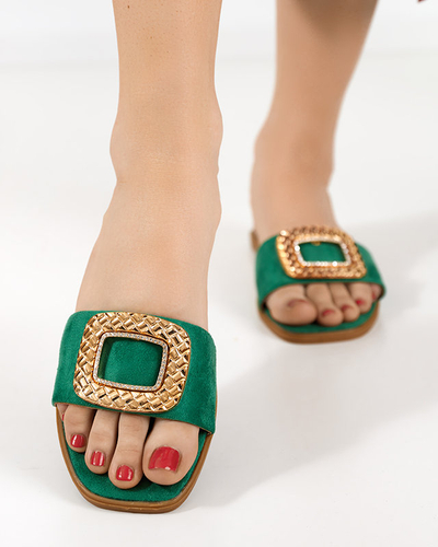 OUTLET Grüne Öko-Wildlederhausschuhe für Damen mit goldener Schnalle Lozi. Schuhwerk