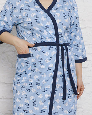 Синій жіночий бавовняний халат з квітковим візерунком - Одяг