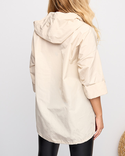 Beige lange Damen-Windjacke mit Aufnäher - Kleidung