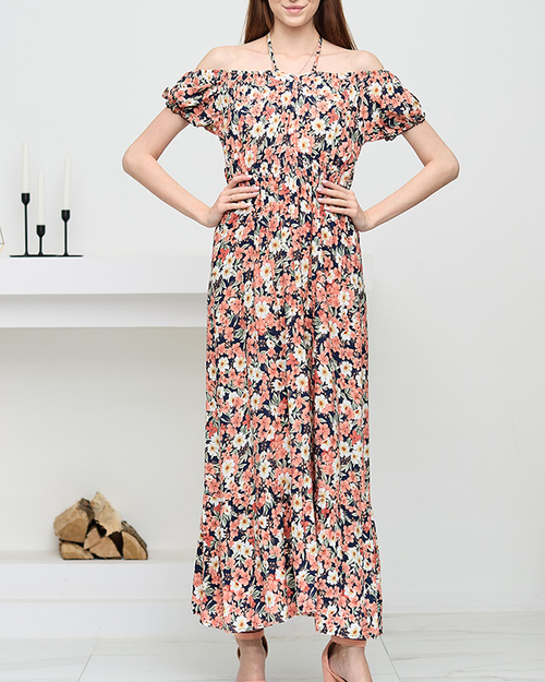 Langes marineblaues Damenkleid mit korallenroten Blumen - Kleidung