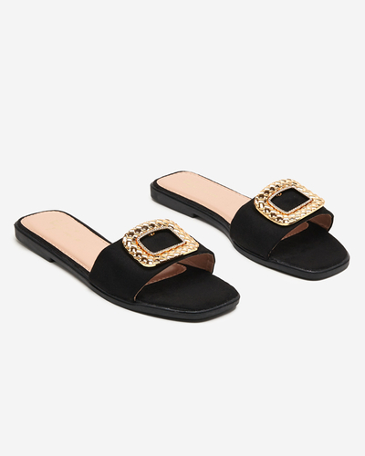 OUTLET Schwarze Öko-Wildleder-Hausschuhe für Damen mit goldener Schnalle Lozi. Schuhwerk