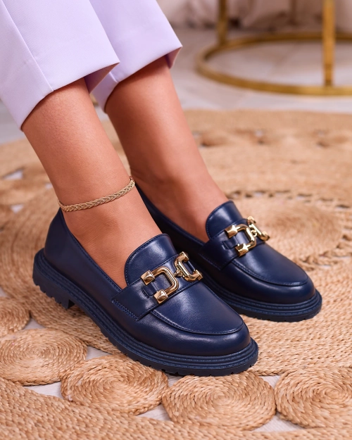 Жіночі мокасини Royalfashion темно-синього кольору з золотистим декором Aderica