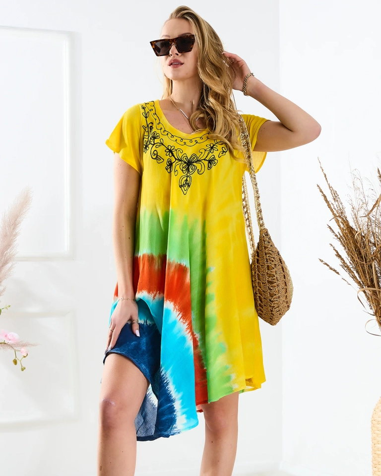 Gelbes Damen Strandkleid Tagesdecke mit buntem Druck- Kleidung