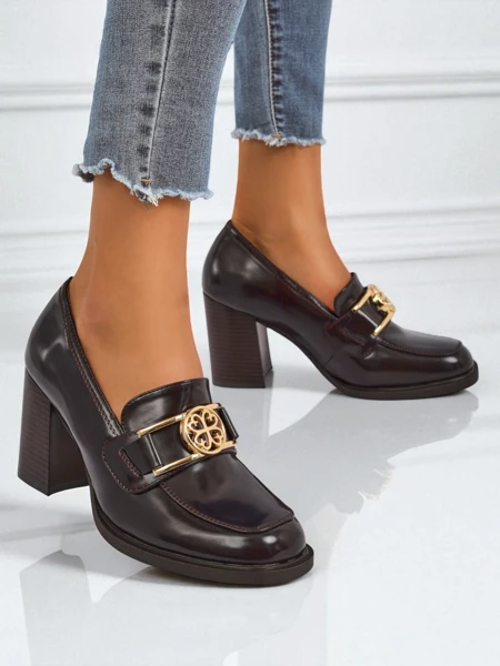 Damen Loafer Persephone Nero mit Blockabsatz Öko-Leder goldene Schnalle