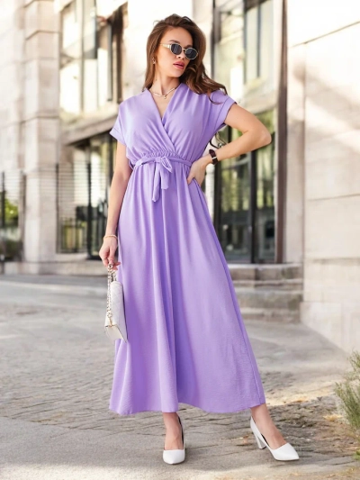 Royalfashion Damen-Midikleid mit Wickelausschnitt, kurzen Ärmeln und einem Gürtel