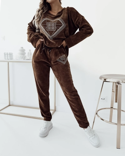 Royalfashion Dunkelbraunes Damen-Sweatshirt-Set mit Zirkonia-Patch