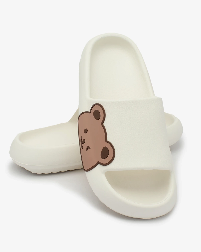 Royalfashion Weiße Damen-Gummi-Flip-Flops mit Teddybär Leverika