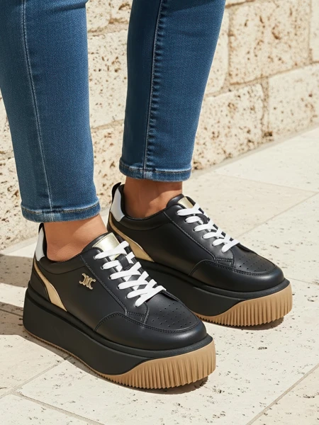 Damen-Sneakers Hypatia Nero aus Öko-Leder mit 5 cm Plateausohle