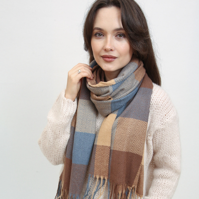 Коричнево-синій жіночий теплий шарф в клітинку - Аксесуари