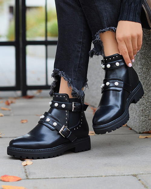 Ботильйони жіночі з еко шкіри з перлами чорного кольору Saalo- Footwear