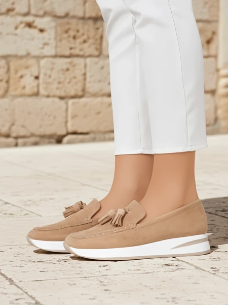 Callista Damen-Loafer beige mit Keilabsatz und Fransen aus Öko-Wildleder