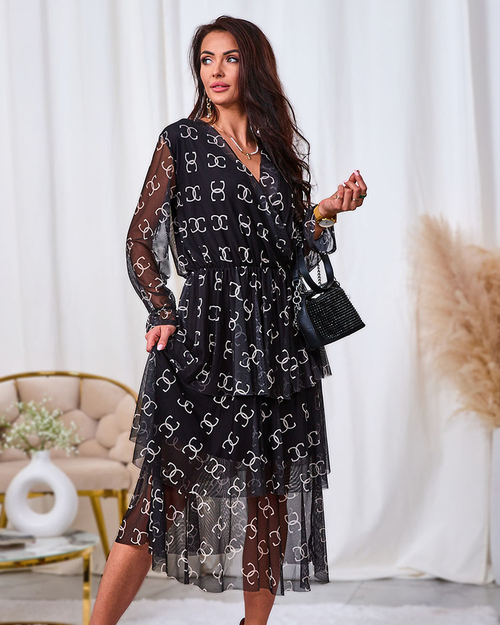 Royalfashion Чорна сукня міді в сітку з принтом