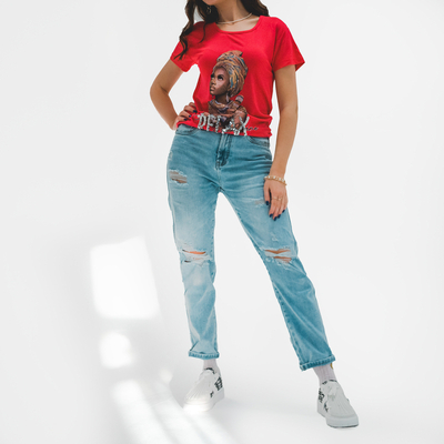 Rotes Damen-T-Shirt mit farbigem Aufdruck und Pailletten - Kleidung