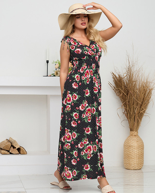 Жіноча чорна сукня максі з червоними квітами - Одяг