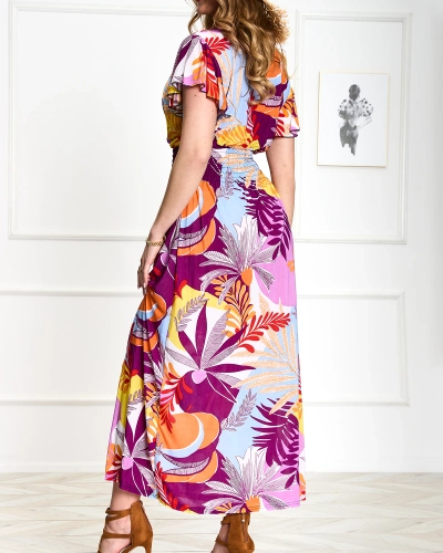 Lila langes Damenkleid mit Blumendruck - Kleidung