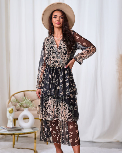 Royalfashion Schwarz-beiges Midikleid aus Mesh mit Print