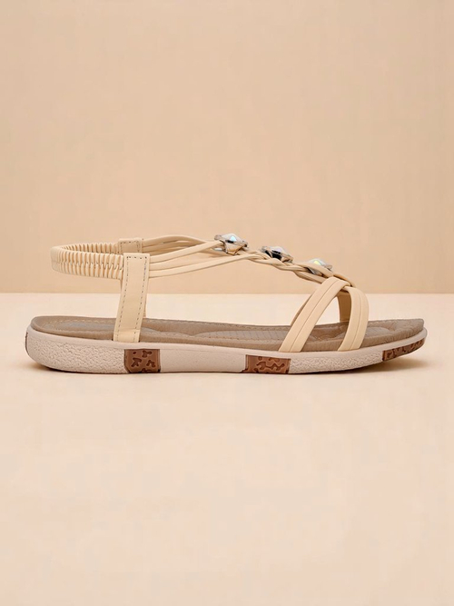 Сандалі жіночі Royalfashion Bellona бежеві з цирконієм на платформі