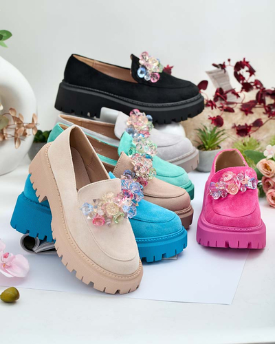 Hellgraue Damen Mokassins mit bunten Perlen Hetika - Footwear