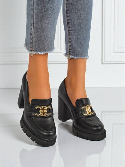 Damen Nero Aurora Pumps mit Blockabsatz und goldener Schnalle, Öko-Leder