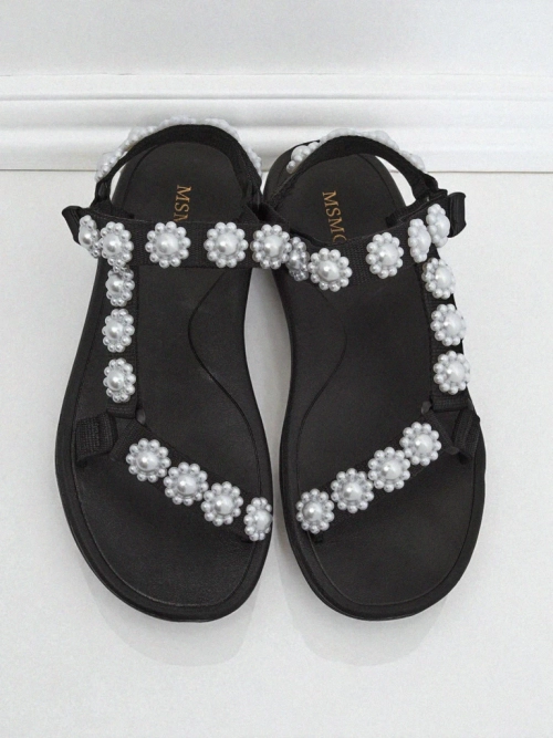 Жіночі сандалі Royalfashion Perseida чорні на платформі з перлинками