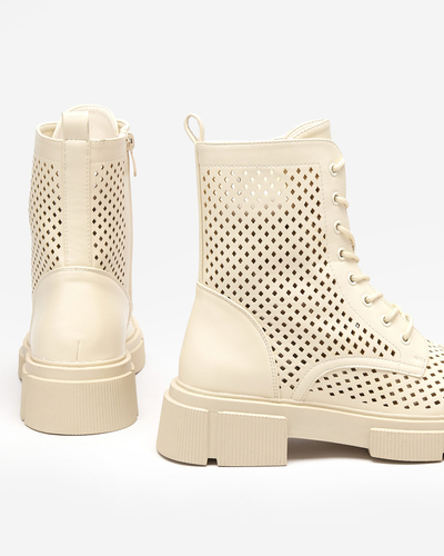 Beige Damenstiefel mit Lochmuster und flachem Absatz Rolika - Footwear