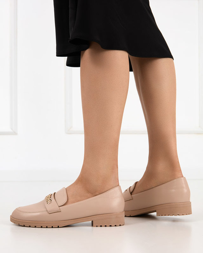 Beige Öko-Leder-Loafer für Damen mit Griss-Dekoration - Schuhe