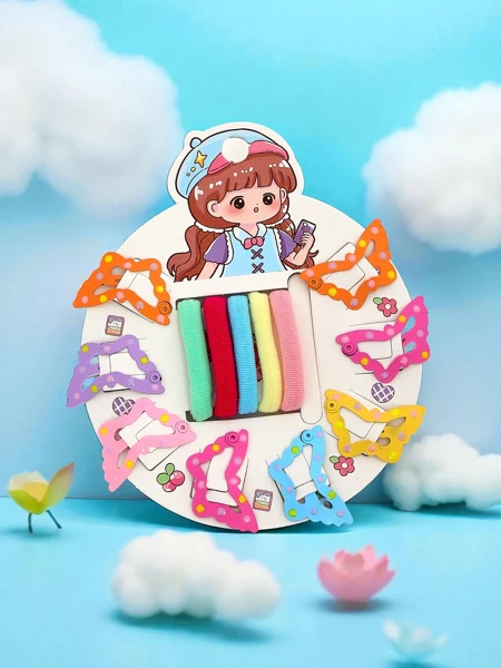 Set aus bunten Haarklammern und Haargummis für Kinder