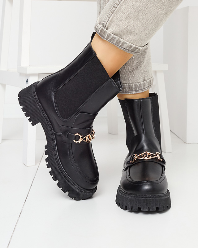 Schwarze isolierte Damenstiefel aus Kunstleder mit Fera-Dekoration - Schuhe