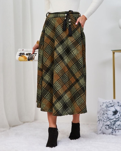 Royalfashion Hellbrauner und grüner karierter Damen-Midirock