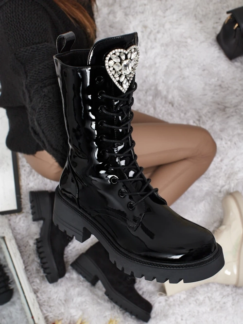 Лаковані шнуровані жіночі ботфорти Emelune