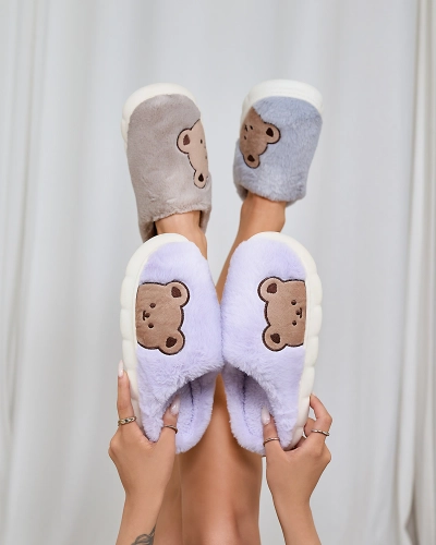 Royalfashion Damen-Pelzpantoffeln mit Teddybär in lila Fetemes
