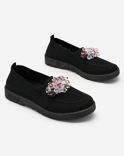 Royalfashion Schwarze Damen Stoffmokassins mit Kristallen Fezens