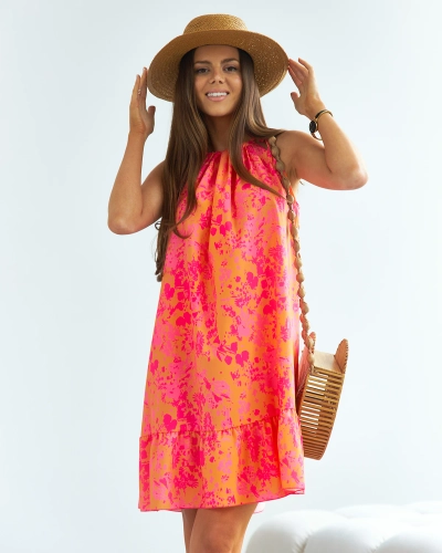 Royalfashion Помаранчево-рожева жіноча коротка сукня в квіточку